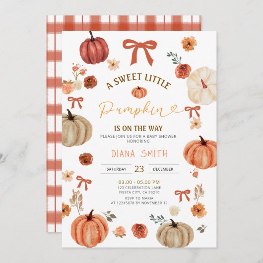 Invitation en vichy petit Citrouille Baby shower rustique Inv (Devant / Derrière)