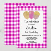 Invitation En vichy rose, Ballons de fête 1er anniversaire (Devant / Derrière)