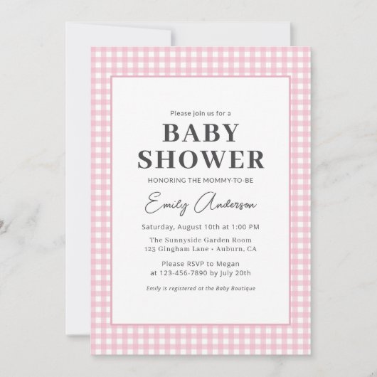 Invitation En vichy rose bébé fille douche (Devant)