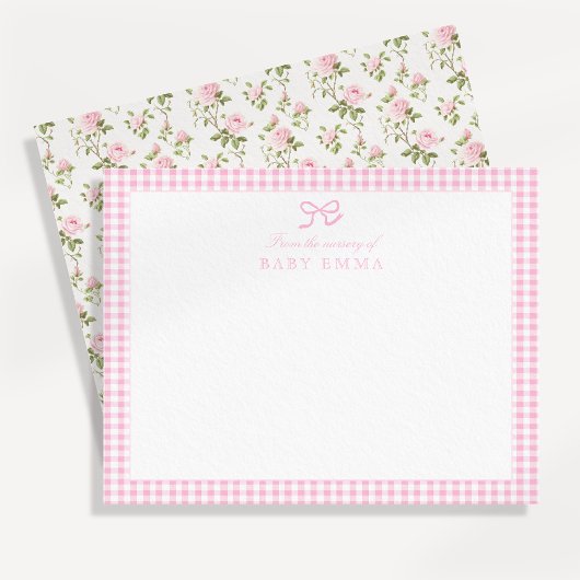 Invitation En vichy rose et Rose Floral Babal Note Card
