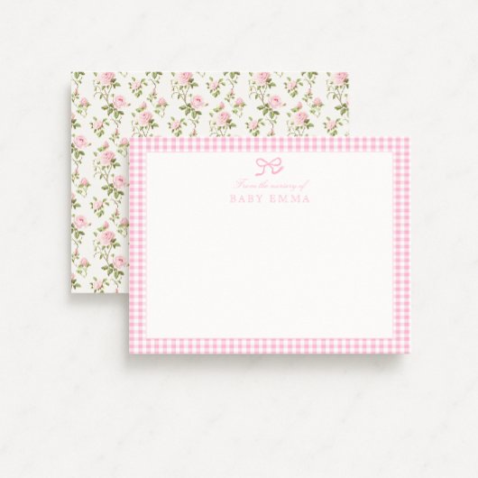 Invitation En vichy rose et Rose Floral Babal Note Card