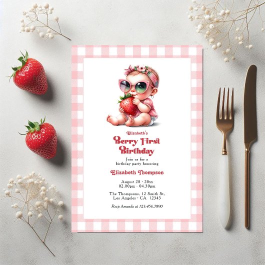 Invitation En vichy rose & fraise Berry 1er anniversaire fête