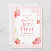 Invitation En vichy rose Fraise Berry Premier anniversaire (Devant)