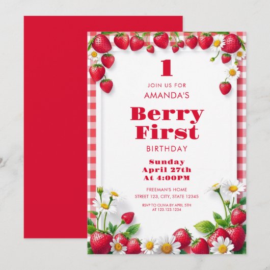 Invitation En vichy rouge avec fraises Bébé Fille Anniversair (Devant / Derrière)