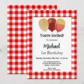 Invitation En vichy rouge, Ballons de fête 1er anniversaire (Devant / Derrière)