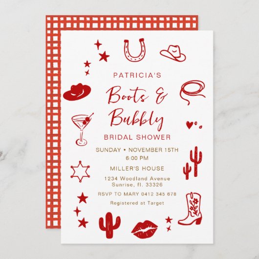 Invitation EN VICHY ROUGE Bottes et Fête des mariées Bubbly C (Devant / Derrière)