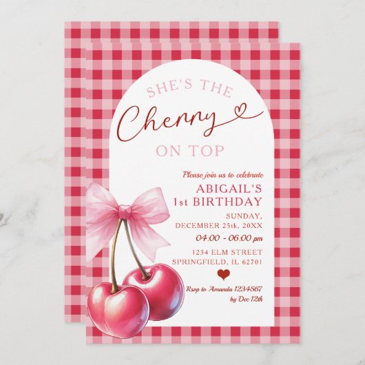 Invitation En vichy rouge Elle est cerise sur le dessus Fille (Devant / Derrière)