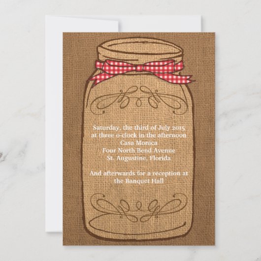 Invitation En vichy rouge et Mariage Burlap Mason Jar (Dos)