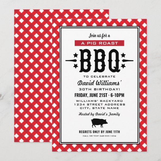 Invitation En vichy rouge Plaid Cochon Roast BBQ fête d'anniv (Devant / Derrière)