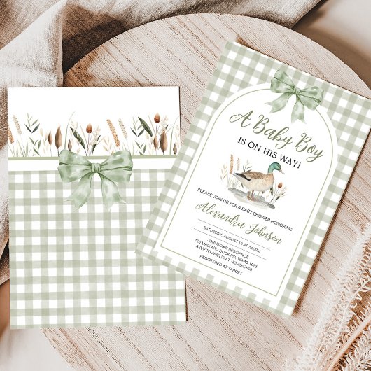 Invitation en vichy Sage Green Mallard Duck Baby shower