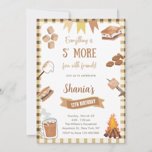 Invitation en vichy Smores S'mores Bonfire Camping (Devant)
