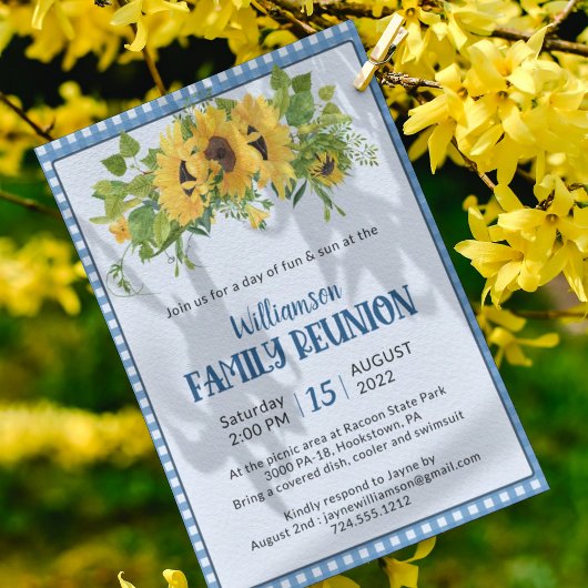 Invitation en vichy tournesols Réunion familiale rustique