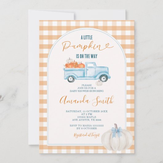 Invitation en vichy Un Petit Baby shower De Camion D'Automne  (Devant)