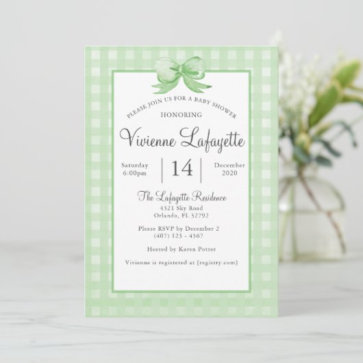 Invitation En vichy verte avec Baby shower de Bow (Debout devant)