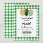 Invitation En vichy verte, Ballons de fête 1er anniversaire (Devant / Derrière)