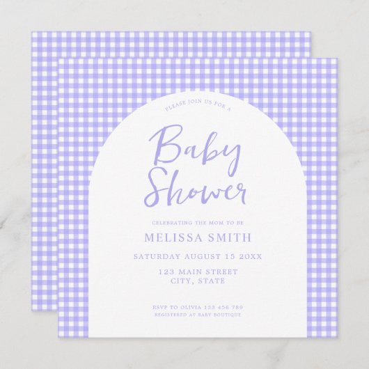 Invitation en vichy violet À damiers Baby shower (Devant / Derrière)