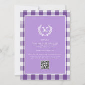 Invitation En vichy violet monogramme Crest QR Code (Dos)
