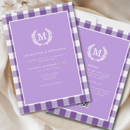 Invitation En vichy violet monogramme Crest QR Code