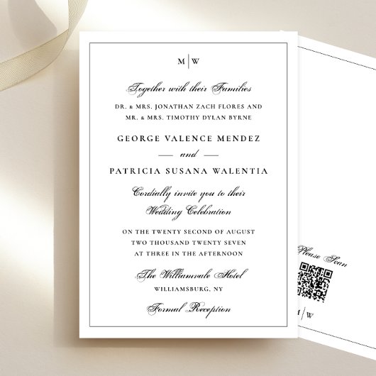 Invitation encadré | Elegant Monogram White QR code Mariage