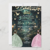 Invitation Enchanté Forêt Sage Vert Rose Jumeaux Quinceañera (Devant)