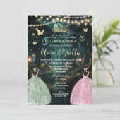 Invitation Enchanté Forêt Sage Vert Rose Jumeaux Quinceañera (Debout devant)