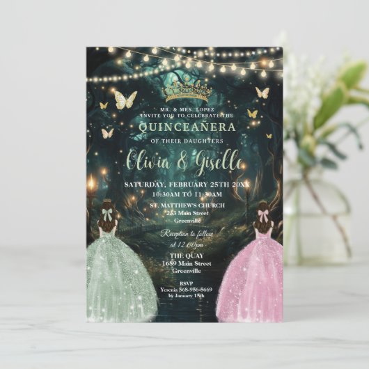 Invitation Enchanté Forêt Sage Vert Rose Jumeaux Quinceañera (Debout devant)