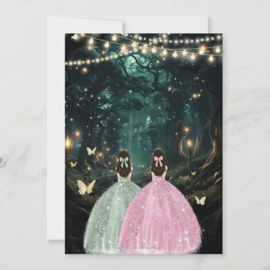 Invitation Enchanté Forêt Sage Vert Rose Jumeaux Quinceañera (Dos)