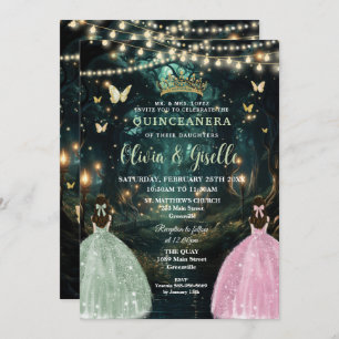 Invitation Enchanté Forêt Sage Vert Rose Jumeaux Quinceañera