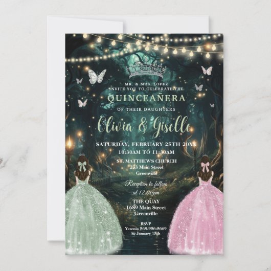 Invitation Enchanté Forêt Sage Vert Rose Jumeaux Quinceañera (Devant)
