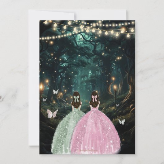 Invitation Enchanté Forêt Sage Vert Rose Jumeaux Quinceañera (Dos)