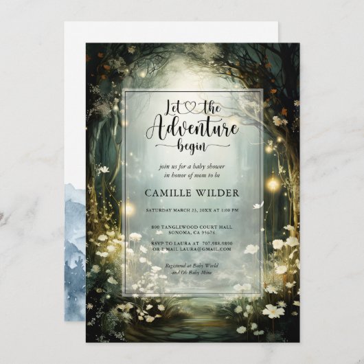 Invitation Enchanted Forest Adventure commence le Baby shower (Devant / Derrière)