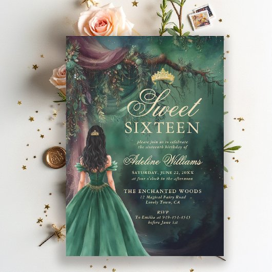Invitation Enchanted Forest Emerald Gold Fairy Tale Sweet 16