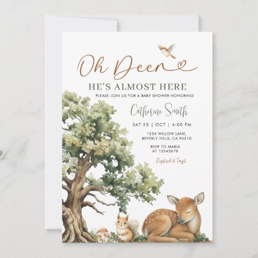 Invitation Enchanted Forest Oh Deer Baby Shower Gingham (Devant)