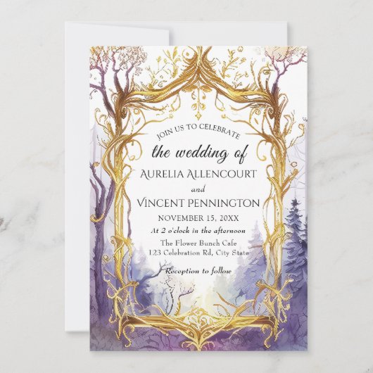 Invitation Enchanted Mariage Forêt Magique Cadre Or (Devant)