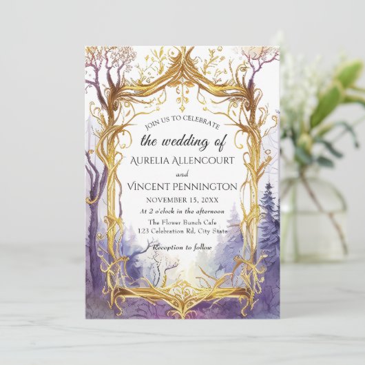 Invitation Enchanted Mariage Forêt Magique Cadre Or (Debout devant)