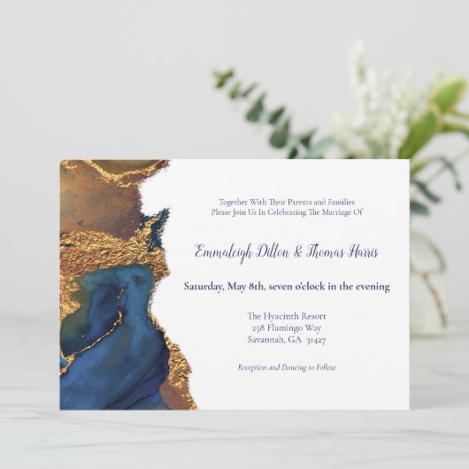Invitation Enchanter Abstrait Blue Gold Mariage (Debout devant)