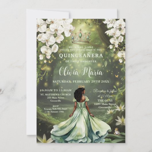 Invitation Enchanter Princesse & Frog robe verte Quinceañera (Devant)