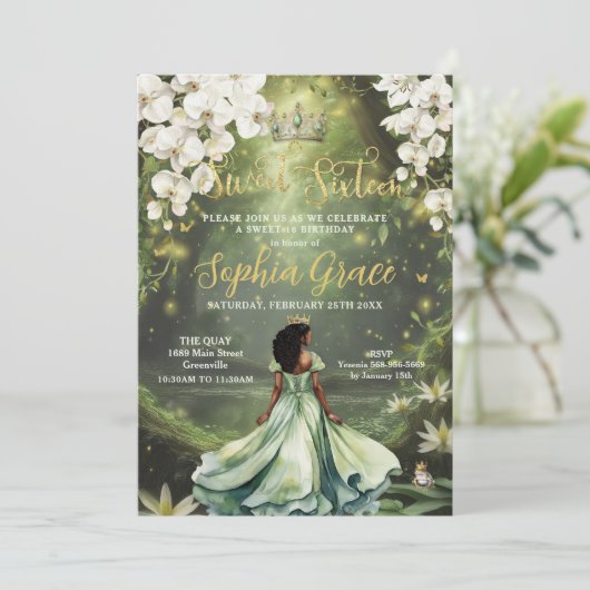 Invitation Enchanter Princesse & Frog Vert robe douce 16 (Debout devant)