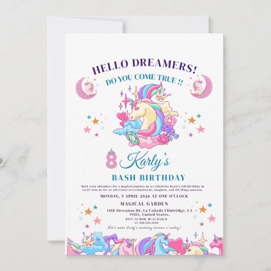 Invitation 🌈 ✨ Enchanter Unicorn 8e anniversaire magique de (Devant)