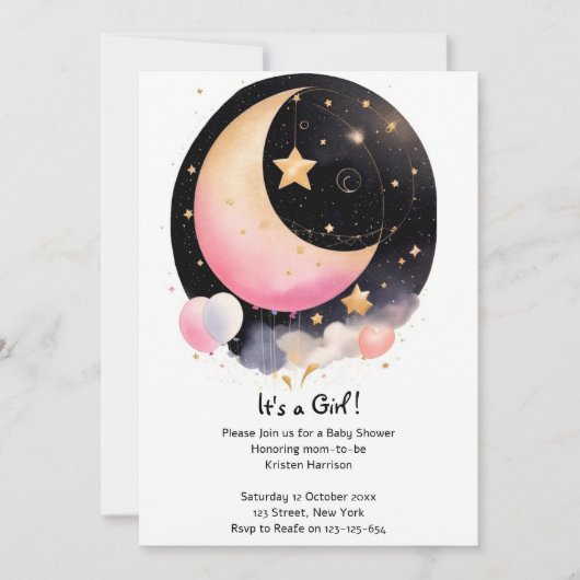 Invitation Enchanter Watercolor Moon & Stars Baby shower (Devant)