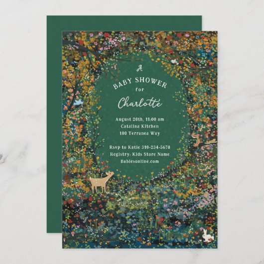 Invitation Enchanteur Baby shower vert de la forêt forestière (Devant / Derrière)