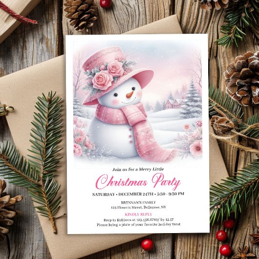 Invitation Enchanting Pink Snowman Editable Christmas Invite