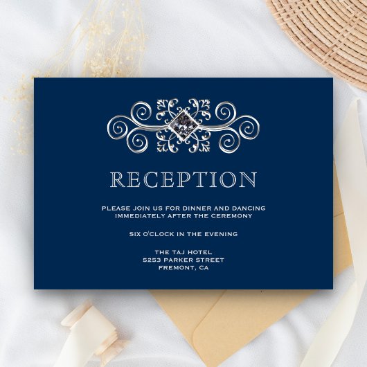 Invitation Enclosure de réception Navy Blue Silver Flourish