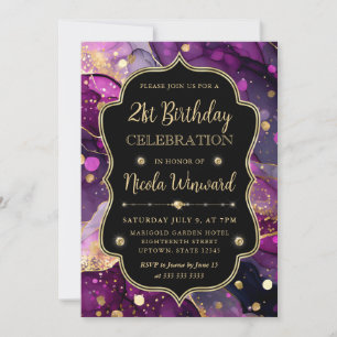 Invitation Encre à alcool pailletée violette et or pour 21e a