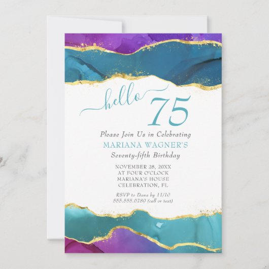 Invitation Encre Abstraite Fuchsia Pink Or Turquoise 75e anni (Devant)