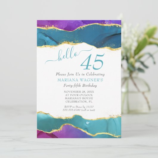 Invitation Encre Abstraite Fuchsia Rose Turquoise Or 45e anni (Debout devant)