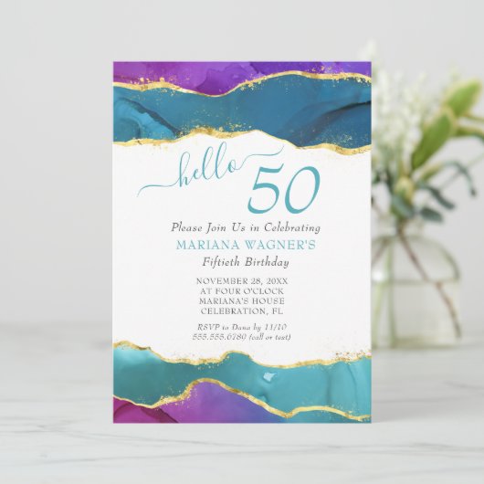 Invitation Encre Abstraite Fuchsia Rose Turquoise Or 50e anni (Debout devant)