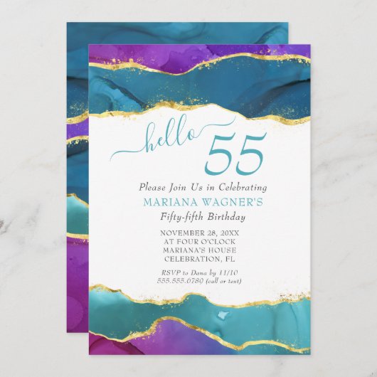 Invitation Encre Abstraite Fuchsia Rose Turquoise Or 55e anni (Devant / Derrière)