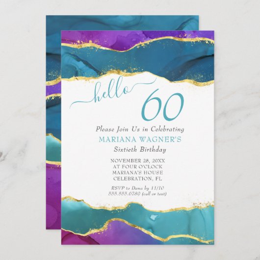 Invitation Encre Abstraite Fuchsia Rose Turquoise Or 60e anni (Devant / Derrière)
