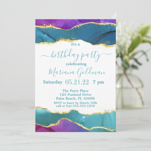 Invitation Encre Abstraite Fuchsia Rose Turquoise or fête d'a (Debout devant)